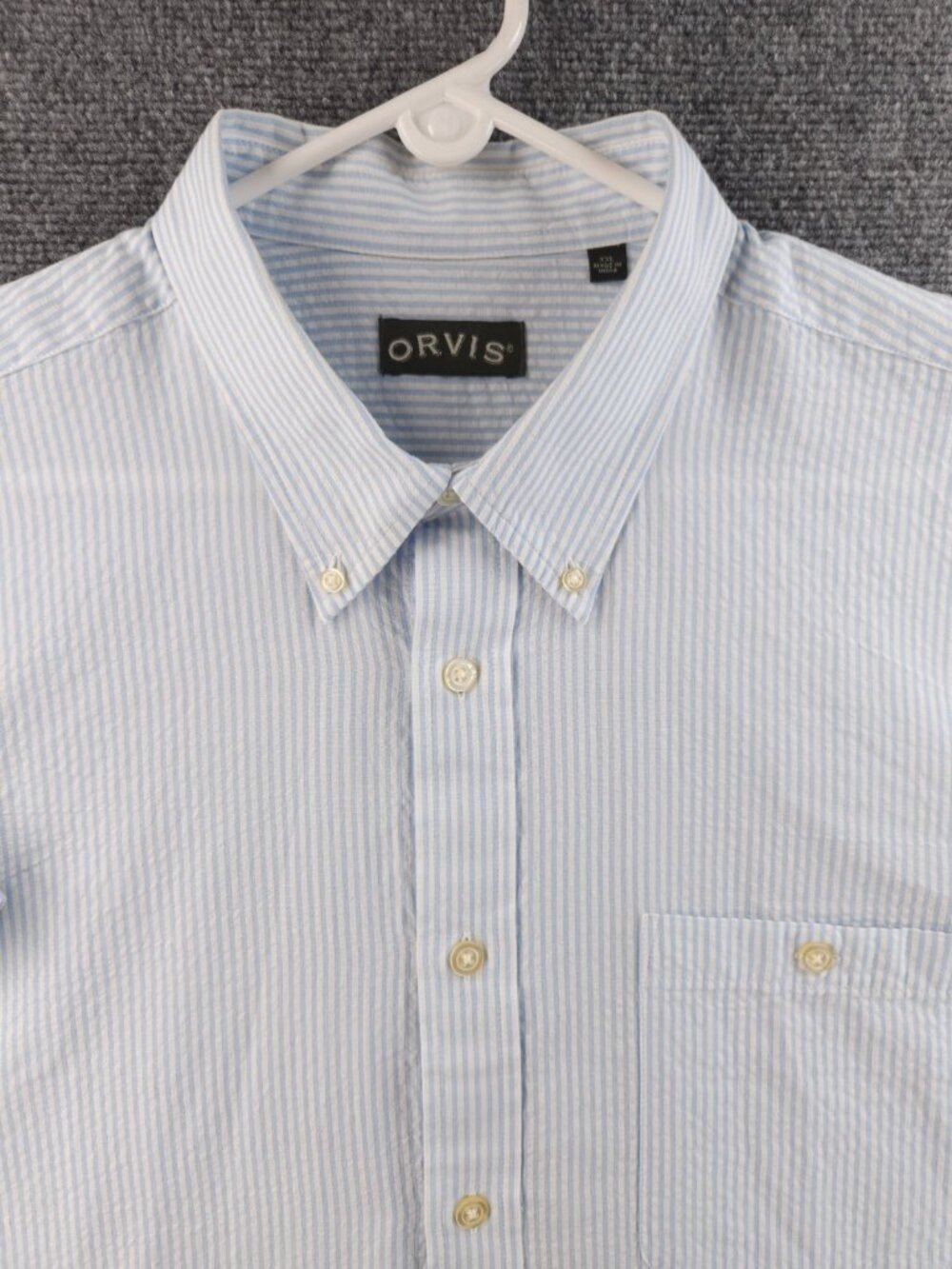 Orvis Seersucker Short Sleeve Button Up Shirt 2XL Woven Striped Blue White